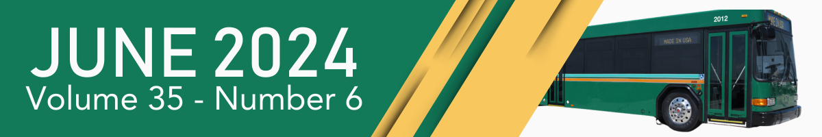 A banner with "JUNE 2024," a bus image, and volume/number text likely representing a publication or event.