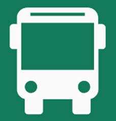 Icon of a white bus on a green background.