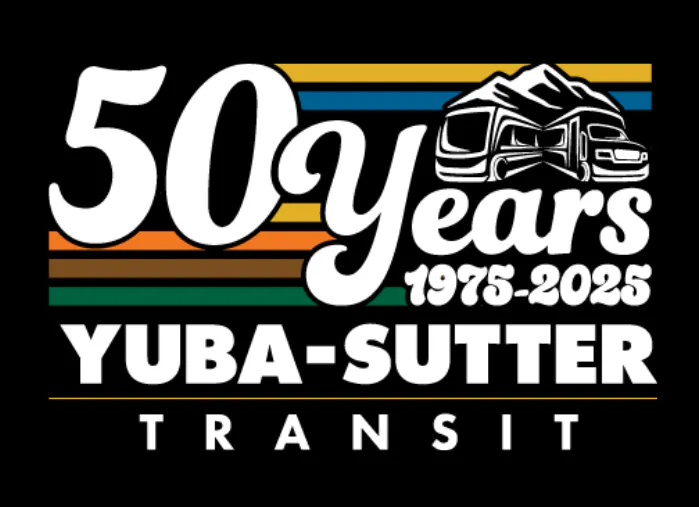 Logo for "Yuba-Sutter Transit 50 Years 1975-2025" with bus graphics and colored stripes.