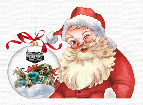 Illustration of Santa Claus with a Christmas ornament showing Yuba City Downtown.