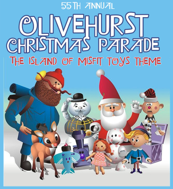 Poster for the 55th Annual Olivehurst Christmas Parade with an "Island of Misfit Toys" theme and various cartoon characters.