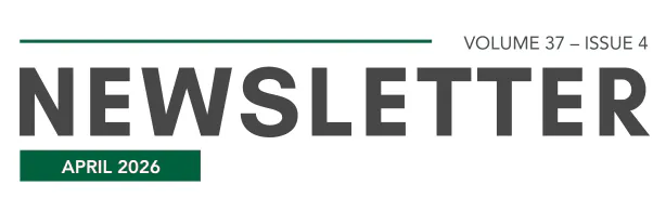 The image is a newsletter header for April 2026, indicating it's Volume 37, Issue 4.