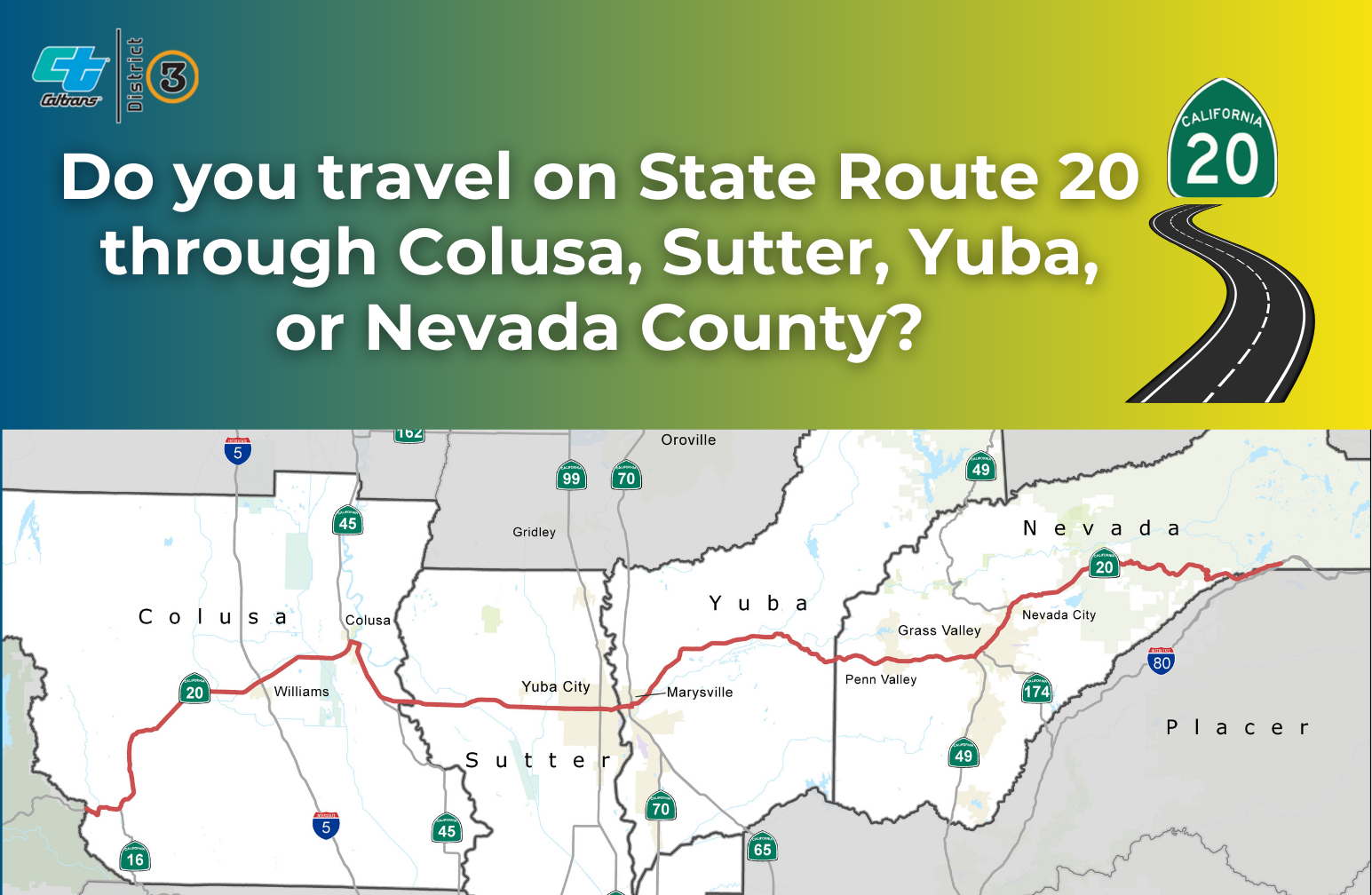 Map of State Route 20 through Colusa, Sutter, Yuba, and Nevada counties.