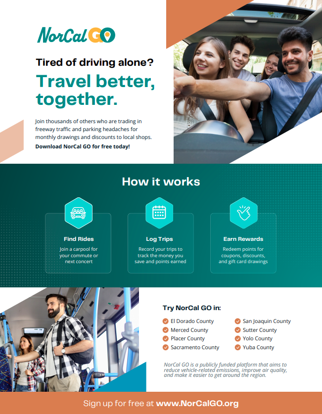 The image promotes NorCal GO, a free carpool app for ride-sharing, tracking trips, and earning rewards in Northern California.