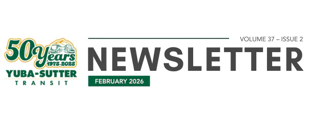 The image is a newsletter for Yuba-Sutter Transit, celebrating 50 years (1973-2023), dated February 2026.