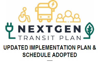 Logos representing accessibility, electric power, a bus, people, and eco-friendliness, with text "NEXTGEN TRANSIT PLAN - UPDATED IMPLEMENTATION PLAN & SCHEDULE ADOPTED.