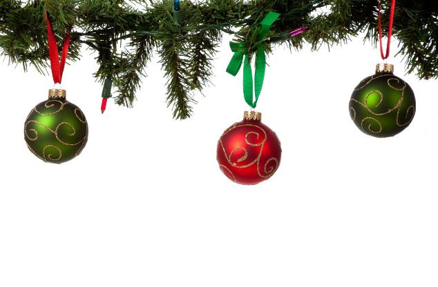 Three Christmas ornaments on a tree branch; two green, one red, with decorative gold patterns and colorful ribbons.