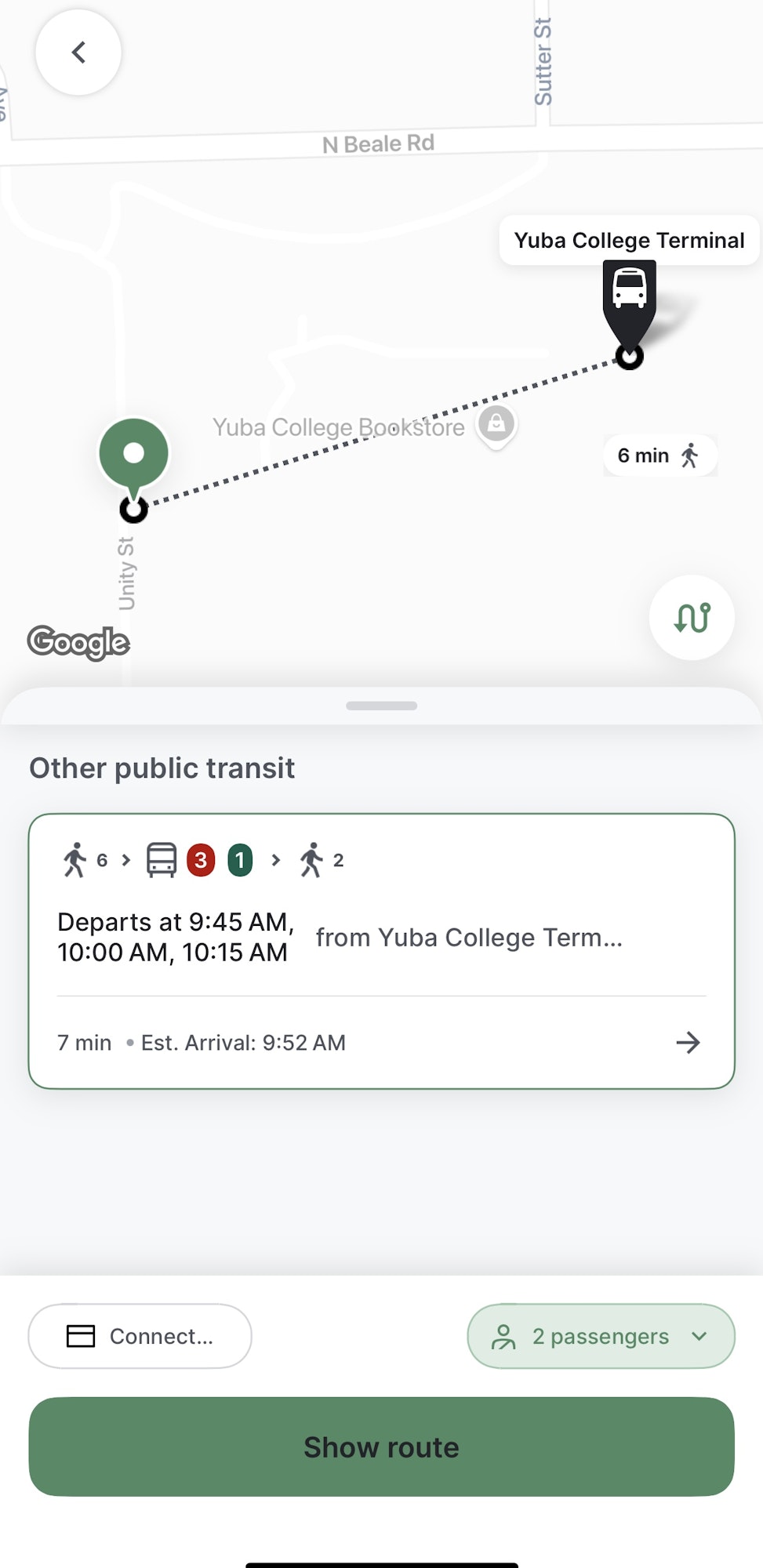 Map showing a 6-minute walk to Yuba College Terminal, with bus schedule options and estimated arrival at 9:52 AM.