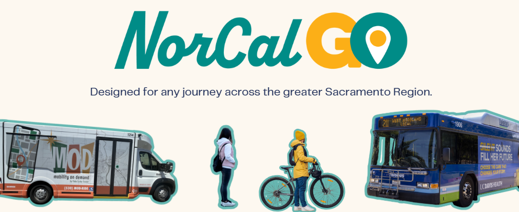 The image promotes NorCal GO, a transportation service for the Sacramento Region, featuring buses, vans, and cyclists.