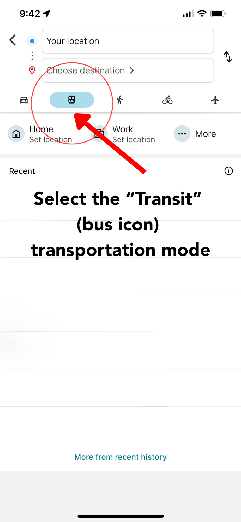 The image shows a mobile app interface where users select the "Transit" (bus icon) mode for transportation.