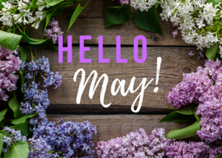 Colorful lilac flowers on a wooden background with "HELLO May!" text.