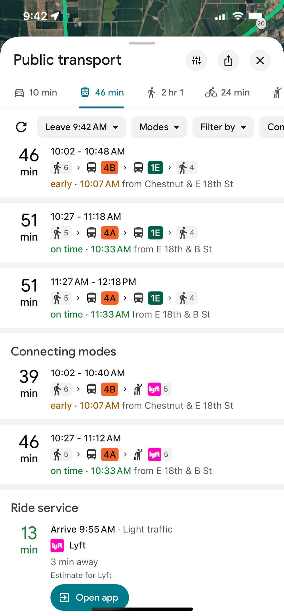 The image shows public transport options and timing, including bus routes and a Lyft ride estimate.