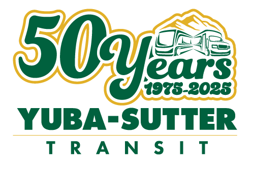 "50 Years" logo for Yuba-Sutter Transit, celebrating 1975-2025 with bus and mountain graphics.