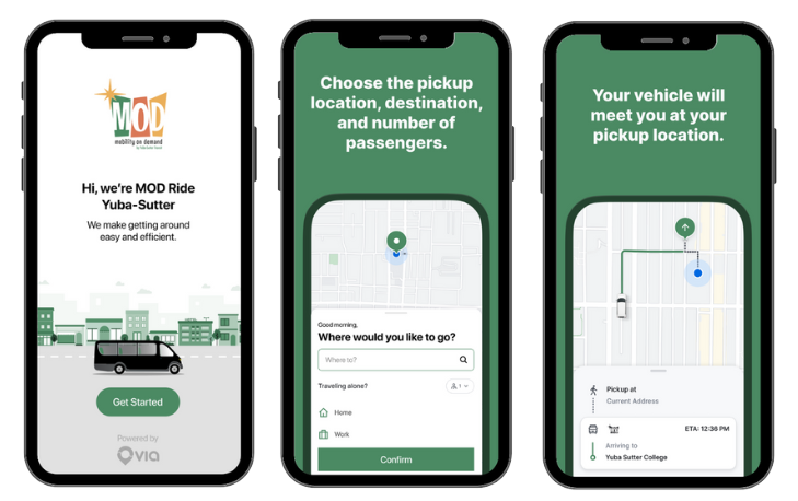 Three phone screens show a ride-sharing app process: getting started, setting pickup details, and confirming vehicle arrival.