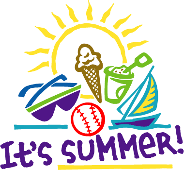 summer logo graphic with cartoon sun, sunglasses, ice cream cone, baseball, and sailboat