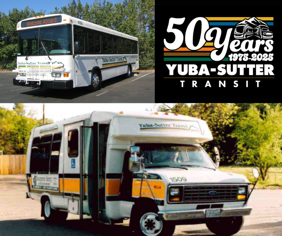 Yuba-Sutter Transit buses and a 50th-anniversary logo (1975-2025).