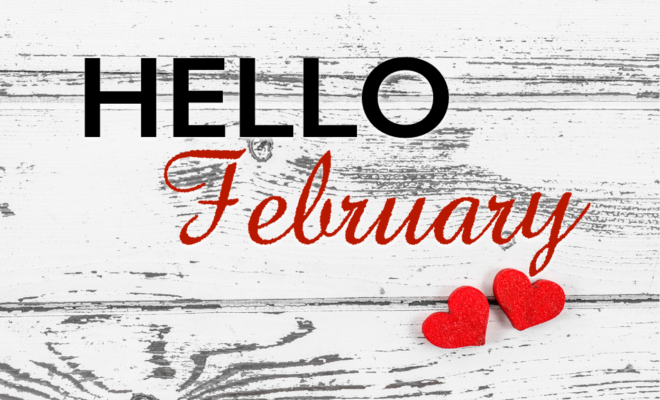 Text "HELLO February" with two red hearts on a wood grain background.