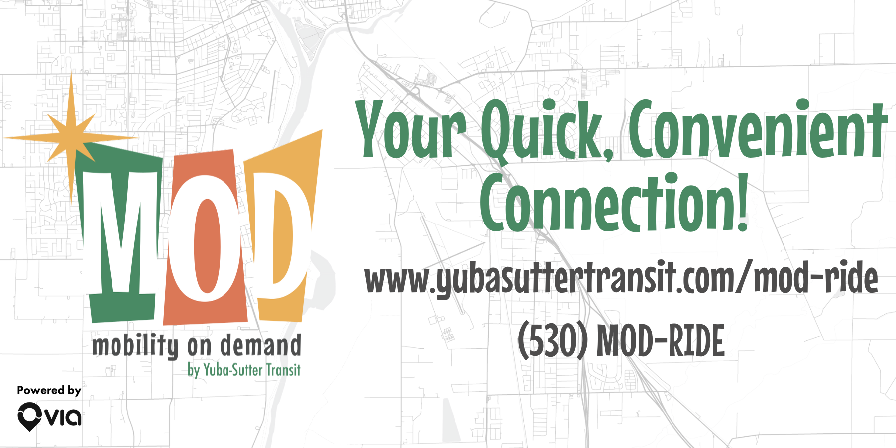 Ad for Yuba-Sutter Transit MOD service with contact info: www.yubasuttertransit.com/mod-ride, (530) MOD-RIDE.