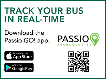 The image promotes the "Passio GO!" app for real-time bus tracking, with download options for the App Store and Google Play, plus a QR code.
