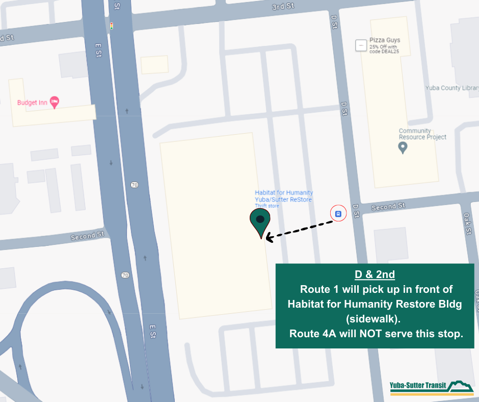 A map showing a bus stop change with Route 1 picking up in front of Habitat for Humanity, while Route 44 will not serve this stop.