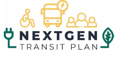 Logo with a wheelchair user, electric bus, people, and "NextGen Transit Plan" text with plug and leaf icons.