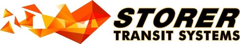 Abstract orange triangles with "STORER TRANSIT SYSTEMS" text in bold black font.