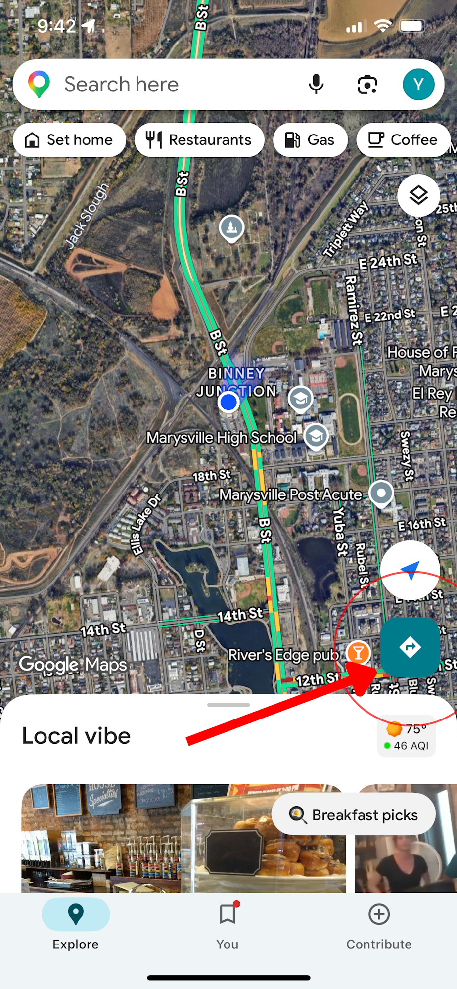 The image shows a Google Maps view of Marysville, California, highlighting nearby locations like restaurants and schools.