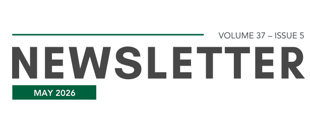 The image displays a newsletter header for May 2026, indicating it’s Volume 37, Issue 5.