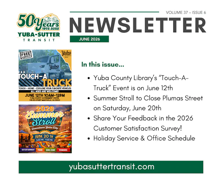 Yuba-Sutter Transit newsletter for June 2026 features events: Touch-A-Truck on June 12 and Summer Stroll on June 20.