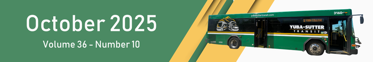 "October 2025, Volume 36 - Number 10" with an image of a green Yuba-Sutter Transit bus.