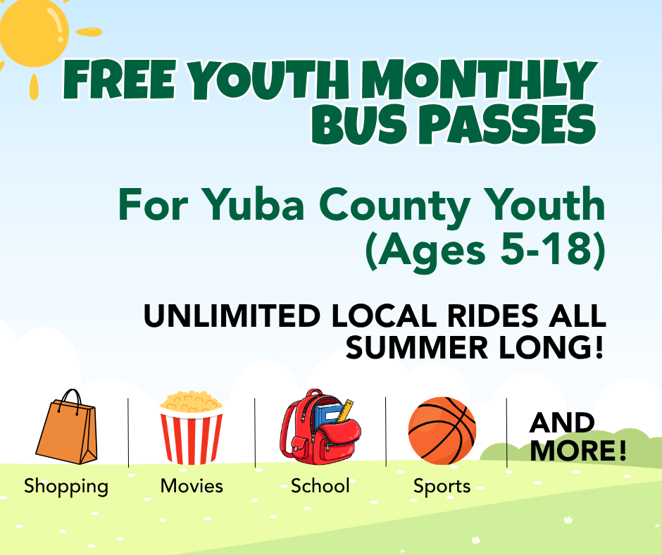 Free monthly bus passes for Yuba County youth (ages 5-18) offering unlimited local rides all summer long for various activities.