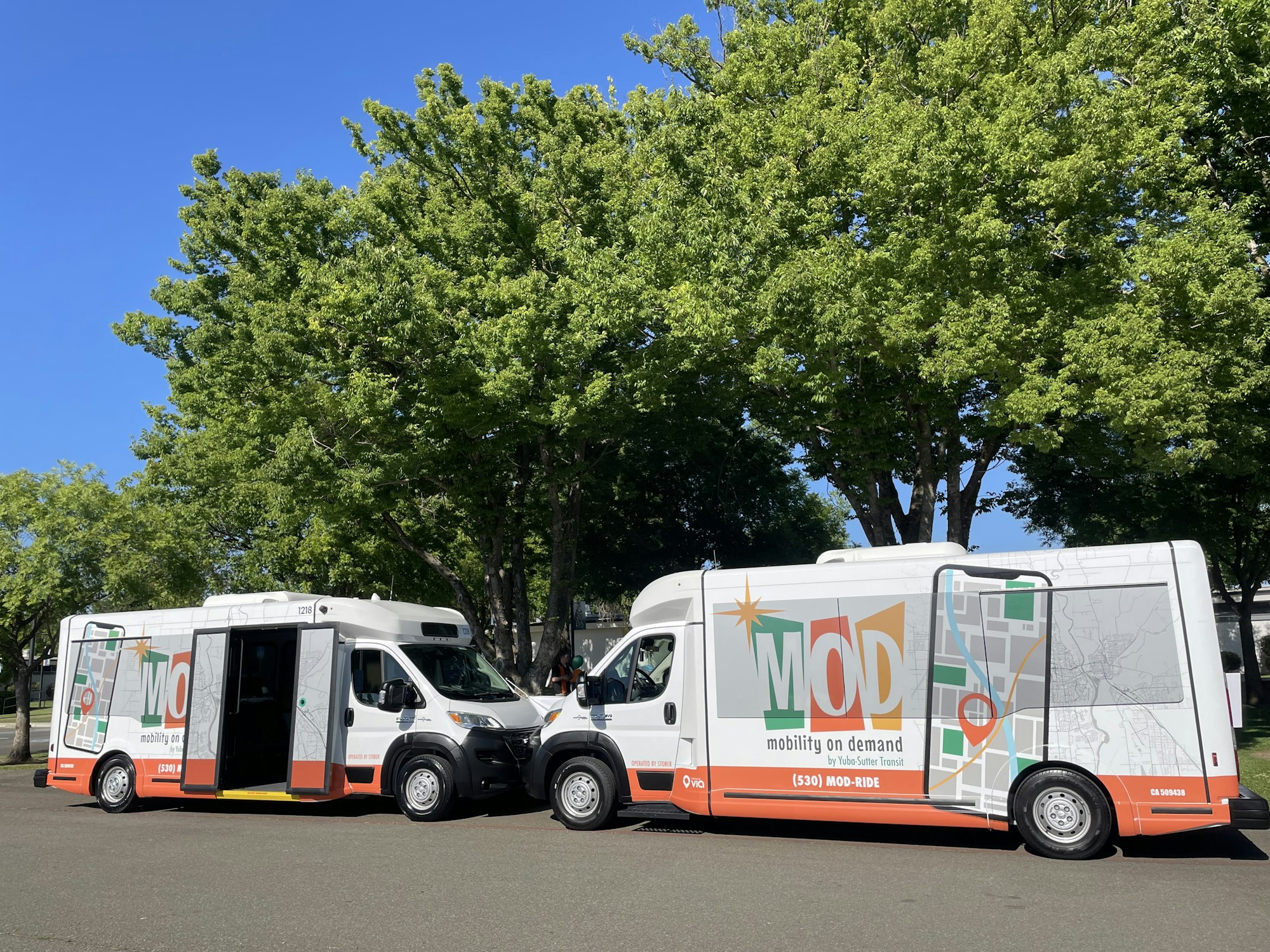 Two "Mobility on Demand" vans are parked side by side with trees and a clear blue sky in the background.