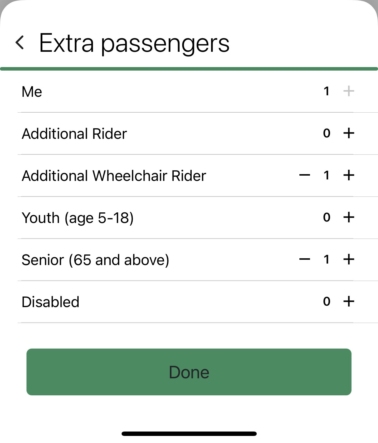 Options for adding extra passengers: Me (1), Wheelchair Rider (1), Senior (1), and other categories. Options to adjust quantities.