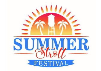 A logo for "Summer Stroll Festival" with a sun, palm trees, and a lighthouse, using a vibrant color scheme.