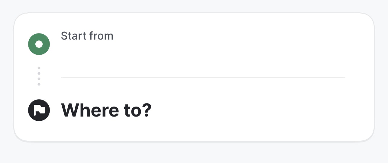 A navigation app prompt asking for the start location and destination with "Start from" and "Where to?" fields.