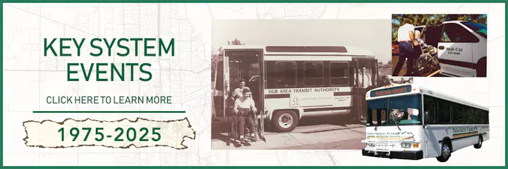 Key system events for HUB Area Transit Authority from 1975-2025 with buses and wheelchair accessibility.