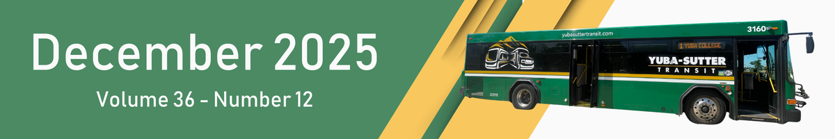 The image features a Yuba-Sutter Transit bus alongside a header indicating "December 2025, Volume 36 - Number 12."