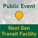 Map icon for a public event at a "Next Gen Transit Facility."