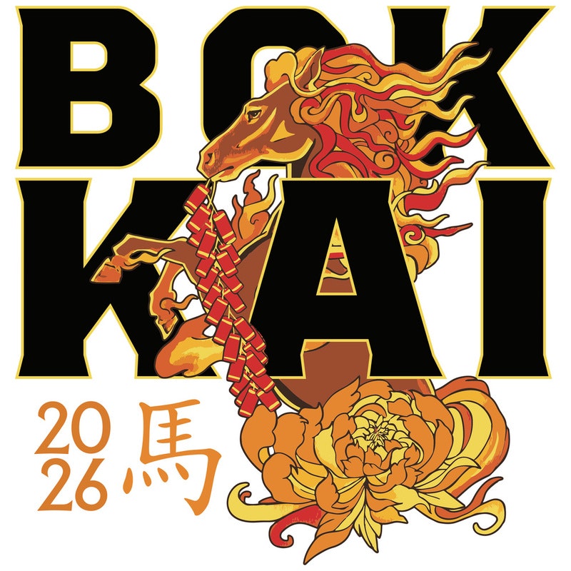 The image features bold text "BOK KAI" with a stylized horse and floral designs, alongside "2026" and the character for horse.