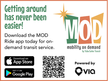 Advertisement for the MOD Ride app for on-demand transit service, featuring QR code and download options for iOS and Android.