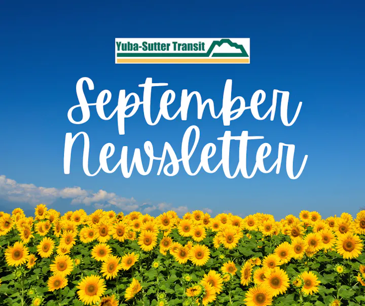 Sunflowers under a clear blue sky with "Yuba-Sutter Transit September Newsletter" text overlay.
