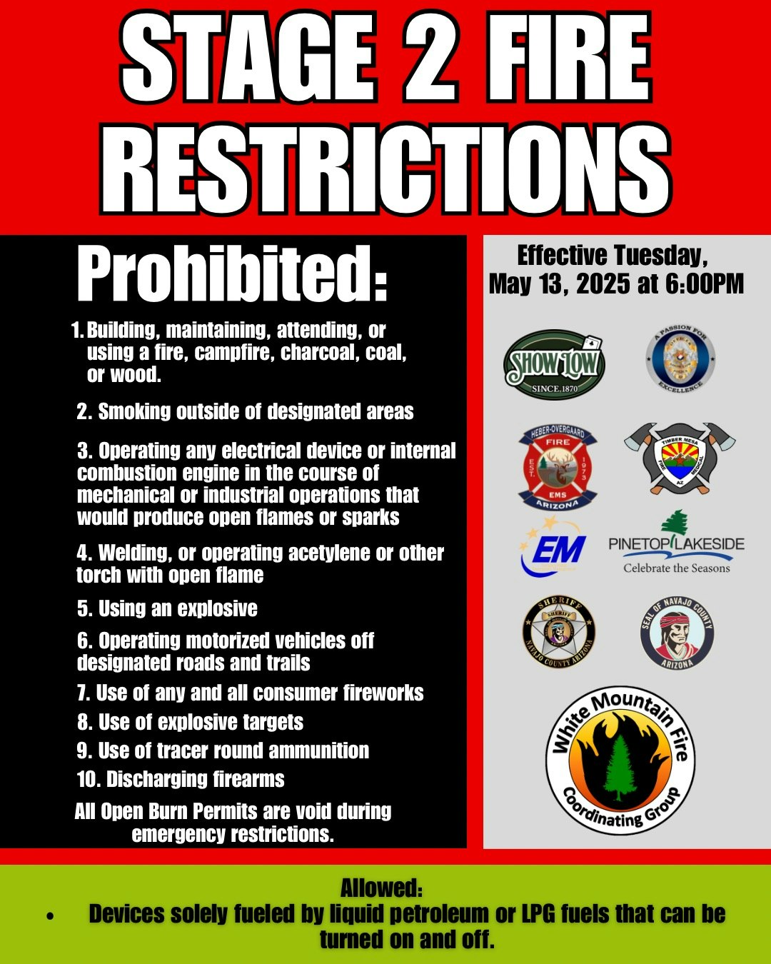 Stage 2 Fire Restrictions: Lists 10 prohibited activities, effective May 13, 2025, 6PM. Devices using LPG fuels are allowed.