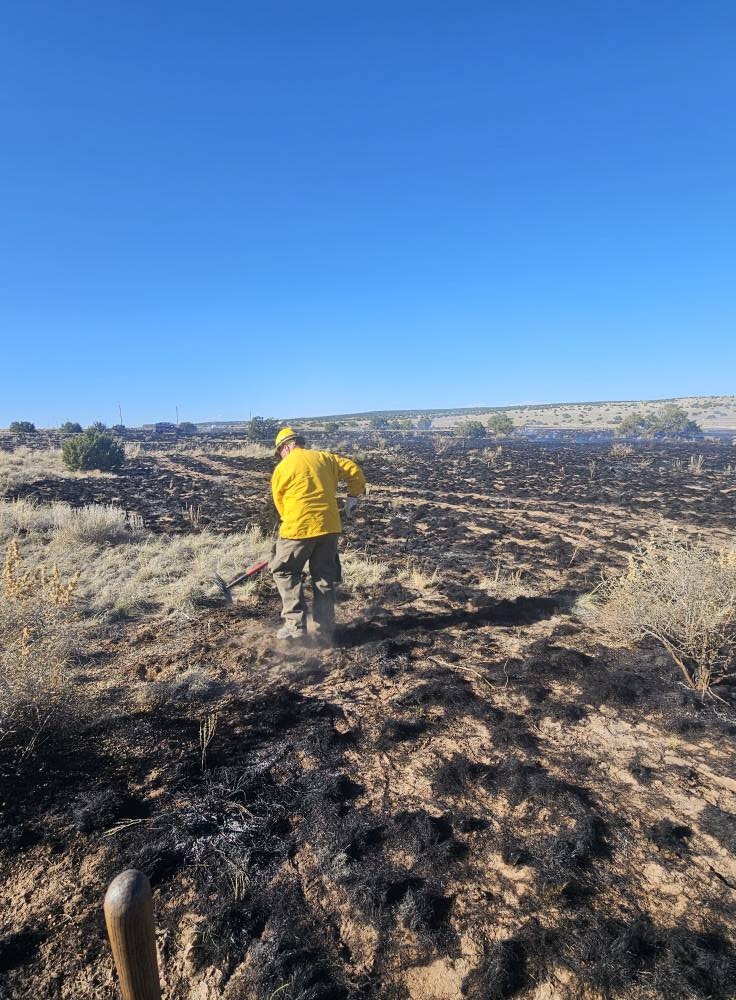 A person in yellow gear with a tool managing a charred, burnt landscape under a clear blue sky.