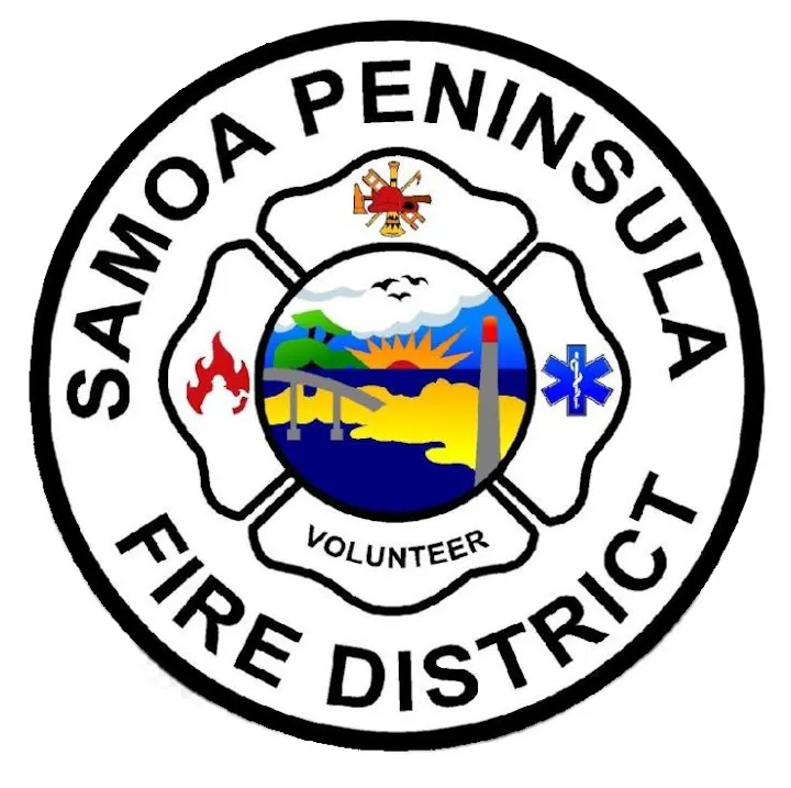 The image is the logo of the Samoa Peninsula Fire District, featuring a shield design, landscape, and symbols indicating fire and emergency services.