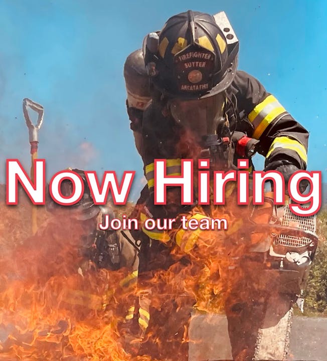 A firefighter amidst flames with text "Now Hiring - Join our team."