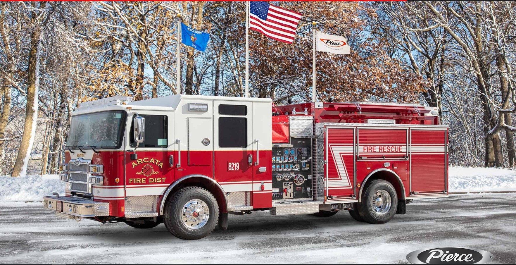 May contain: vehicle, transportation, flag, wheel, machine, fire truck, truck, and fire station