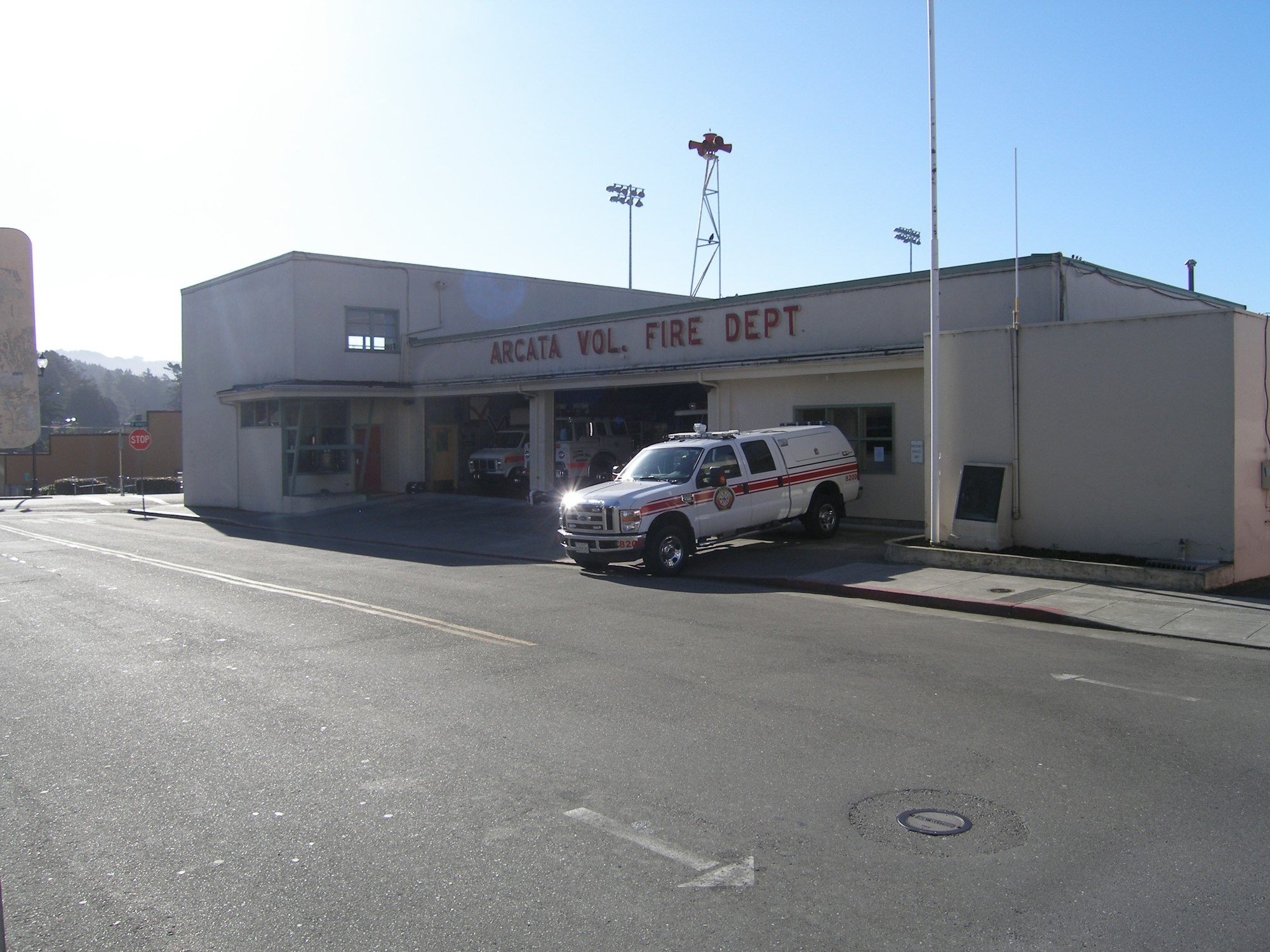 Photo of Arcata Station pre remodel with a command vehicle out front.