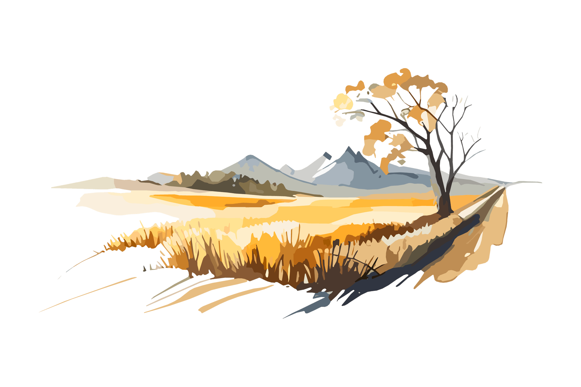 A stylized illustration of a tree with autumn leaves, a field, and distant mountains.