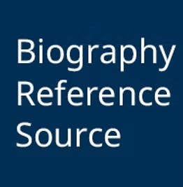 Text on a blue background: "Biography Reference Source."