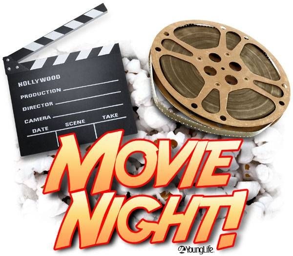 Clapperboard and film reel on popcorn backdrop, with "Movie Night!" text in bold letters.